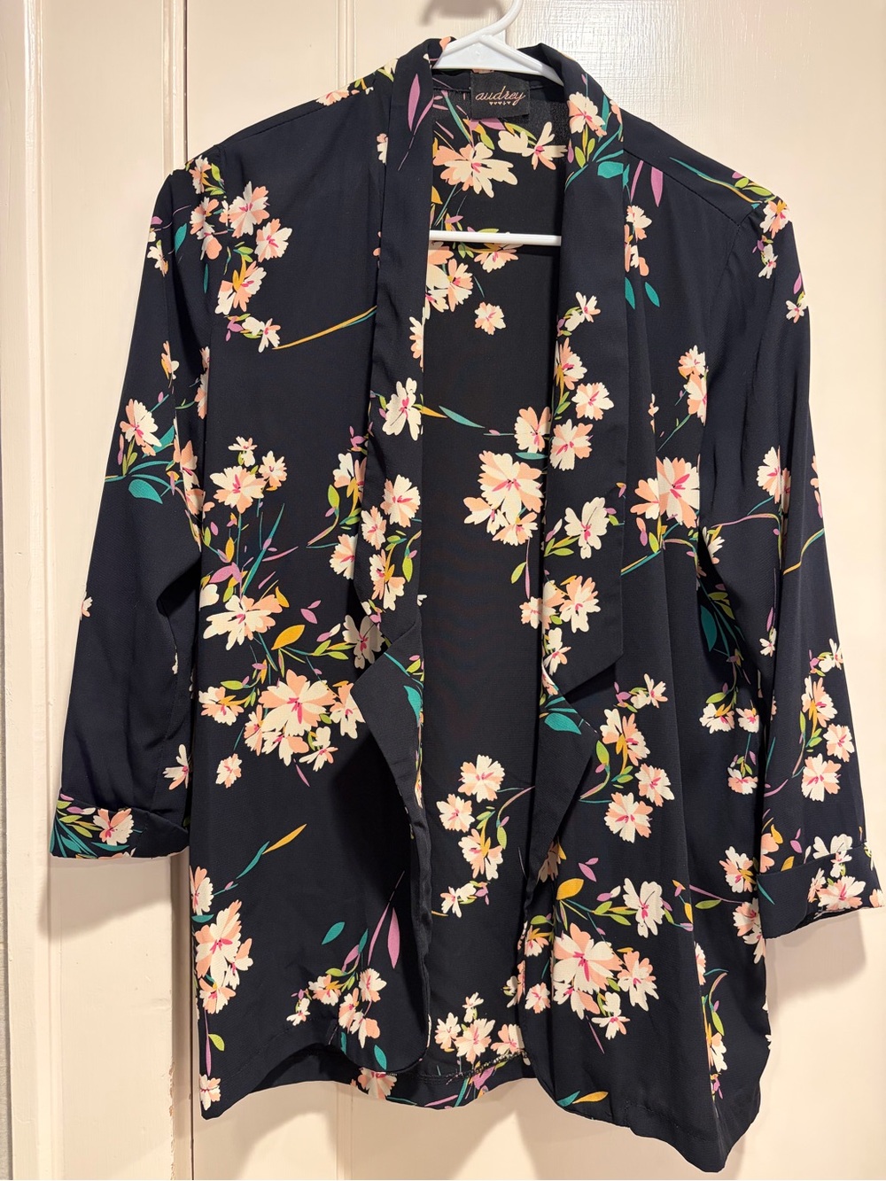 Floral Open Front Blazer - Navy with Flowers